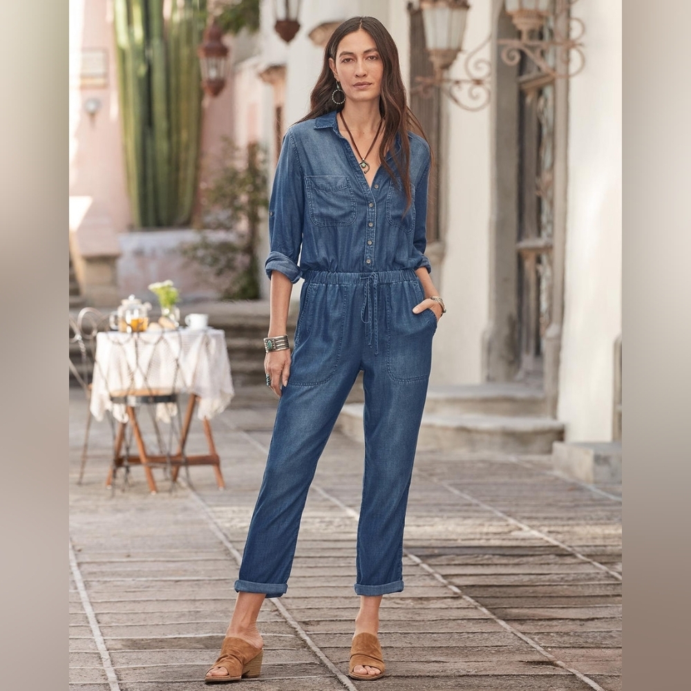 Sundance Catalog Cloth & Stone Vida Jumpsuit Size S Tencel Chambray Button Front